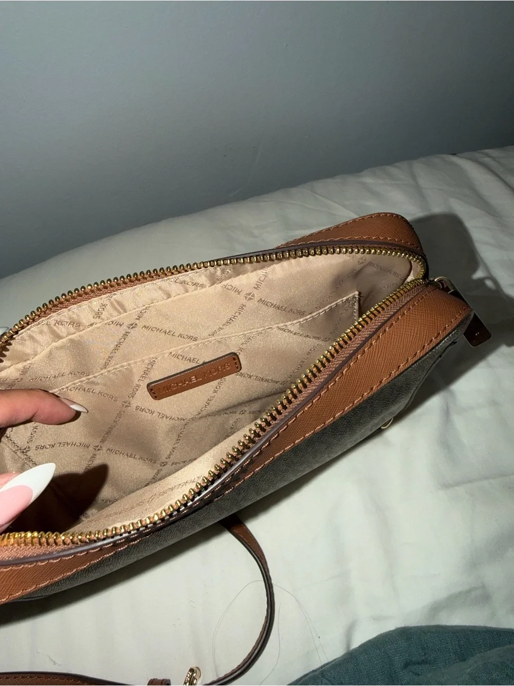 Michael Kors Beige & Brown Signature MK Monogram Crossbody Bag